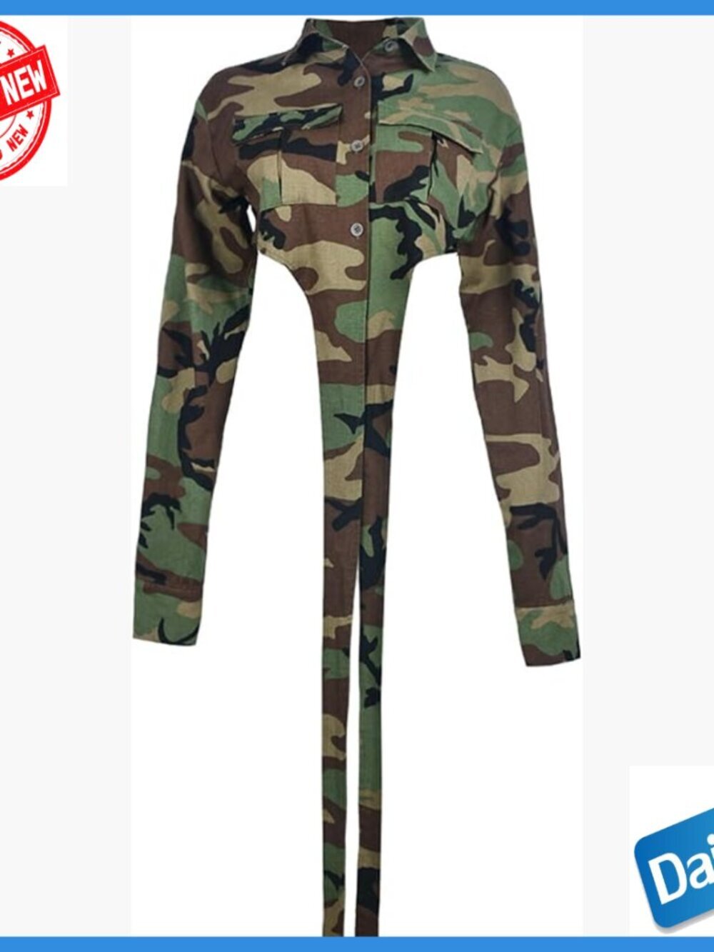 Cropped Denim Jacket with Camo Pattern, Button Front, Long Sleeve